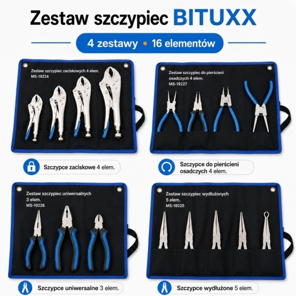 BITUXX Sada kleští 16ks. Univerzální do dílny garáže M19234(19219+19221+1922319225)